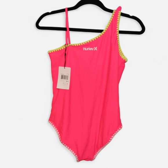 Hurley Neon Pink Swimsuit with Yellow Trim Girls Size Large 12/14 - Picture 8 of 8